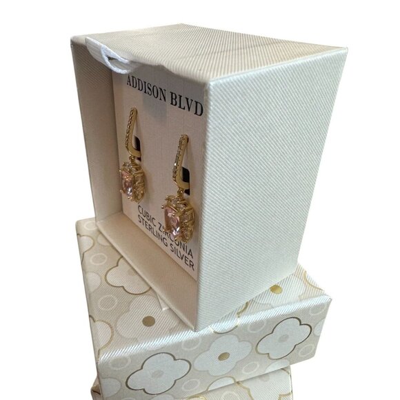 NEW Addison BLVD White + Pink CZ Gold Plate 925 Sterling Silver Drop Earrings - Picture 3 of 4